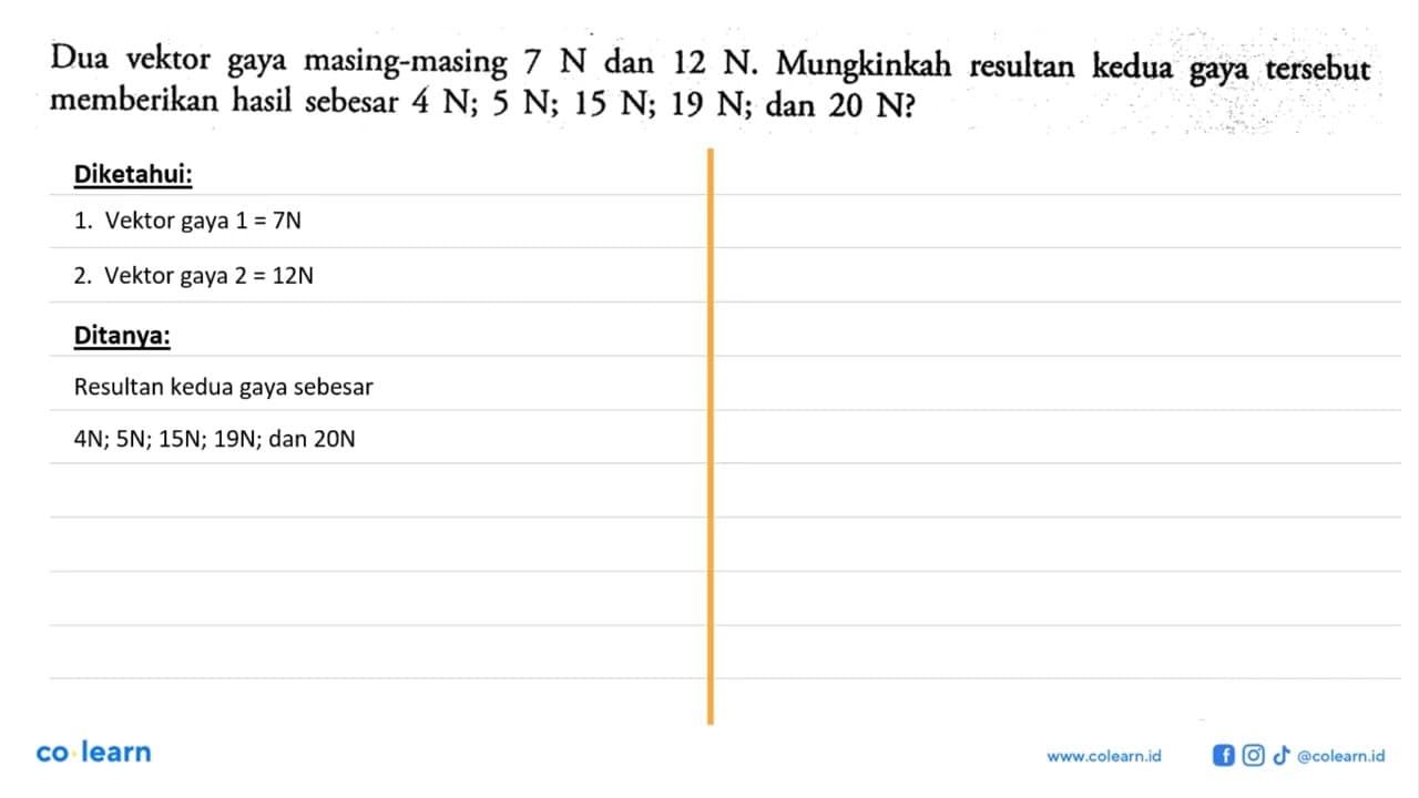 Dua vektor gaya masing-masing 7 N dan 12 N. Mungkinkah