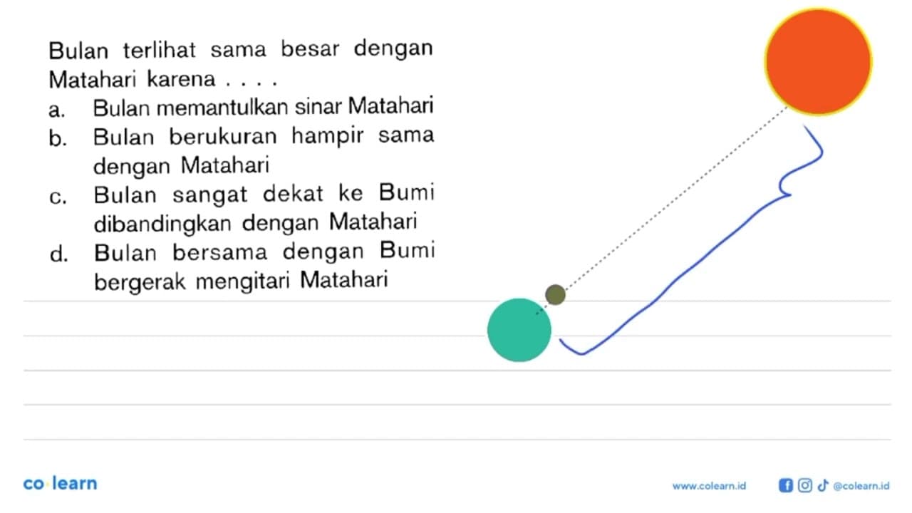 Bulan terlihat sama besar dengan Matahari karena .... a.