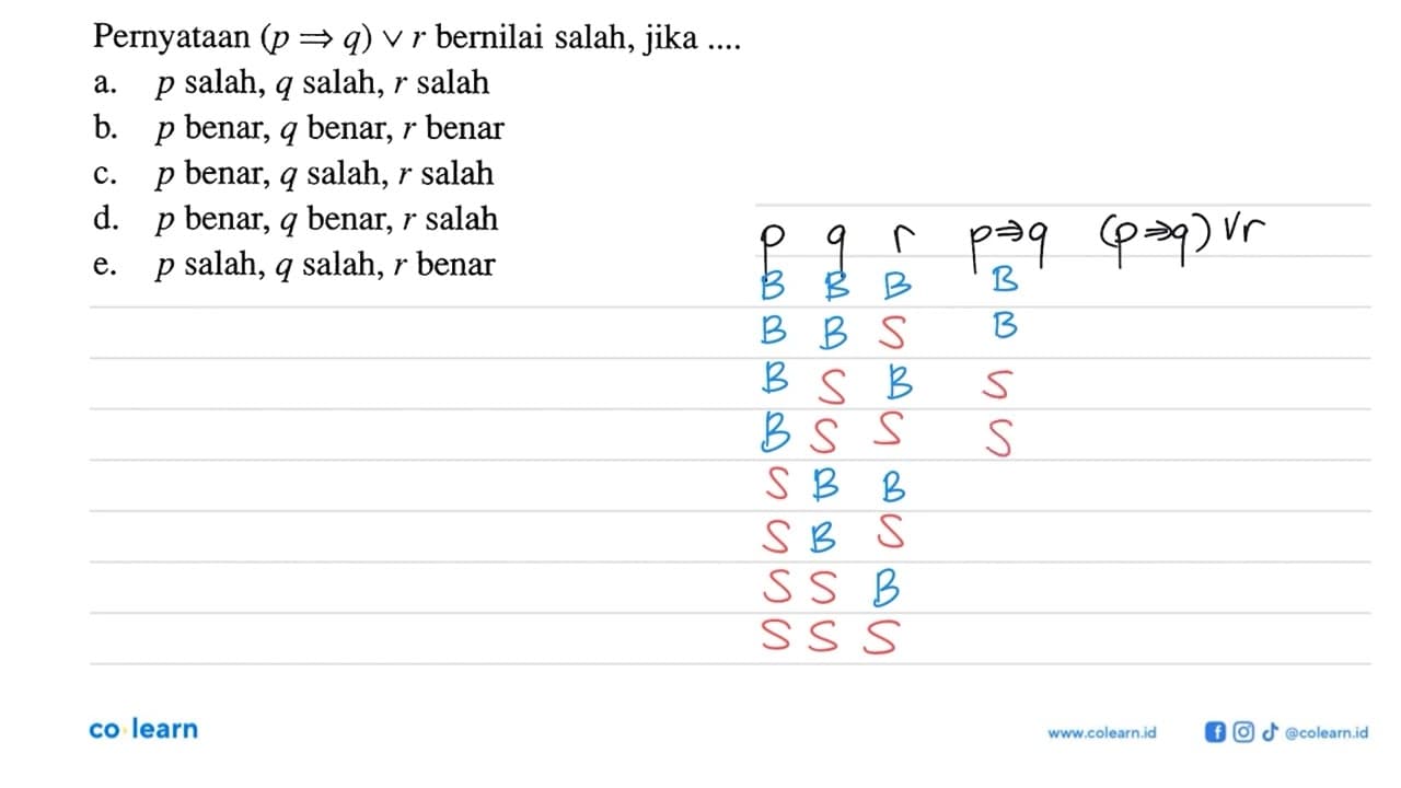 Pernyataan (p=>q)v r bernilai salah, jika ....