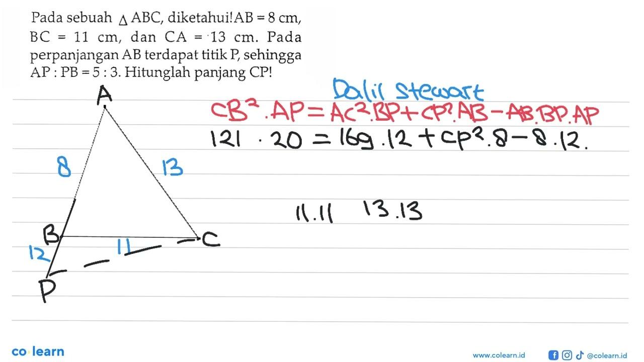 Pada sebuah segitiga ABC, diketahui! AB=8 cm, BC=11 cm, dan