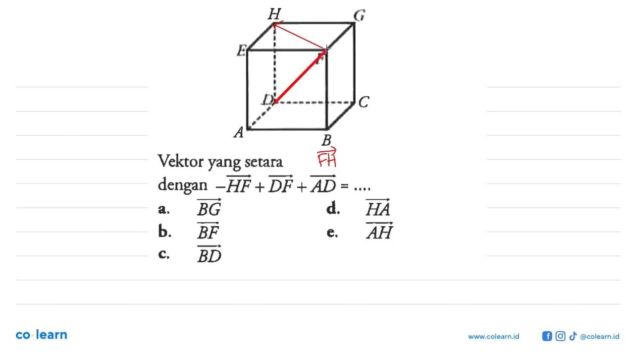 Vektor yang setaradengan vektor -HF+DF+AD=... a. vektor BG