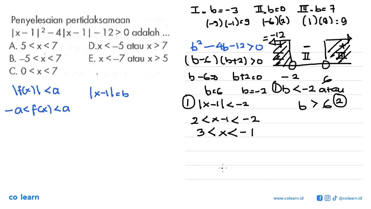 Penyelesaian pertidaksamaan |x- 1|^2-4|x- 1|-12> 0 adalah