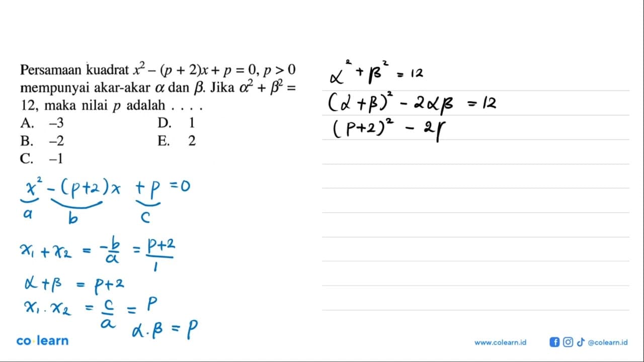 Persamaan kuadrat x^2 - (p + 2)x + p = 0, p > 0 mempunyai