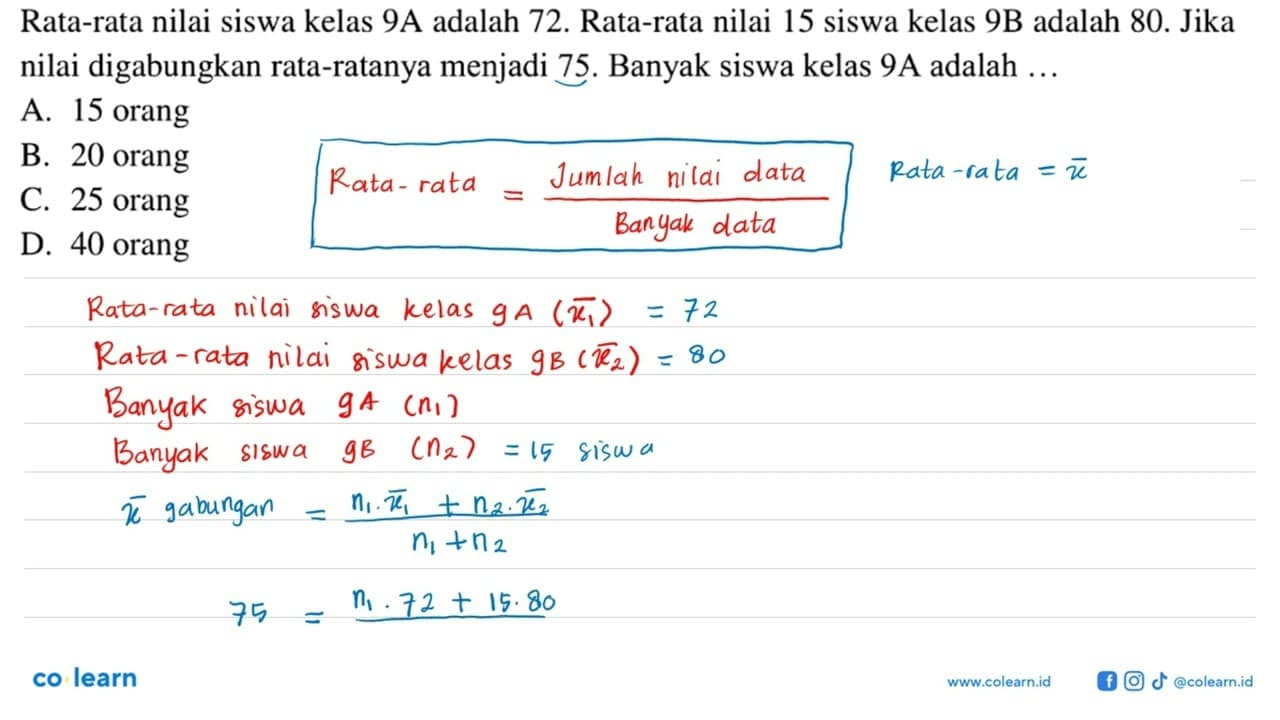 Rata-rata nilai siswa kelas 9A adalah 72. Rata-rata nilai