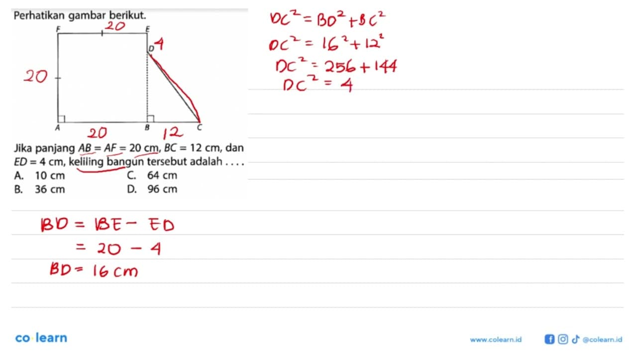 Perhatikan gambar berikut.F E D C B AJika panjang AB=AF=20