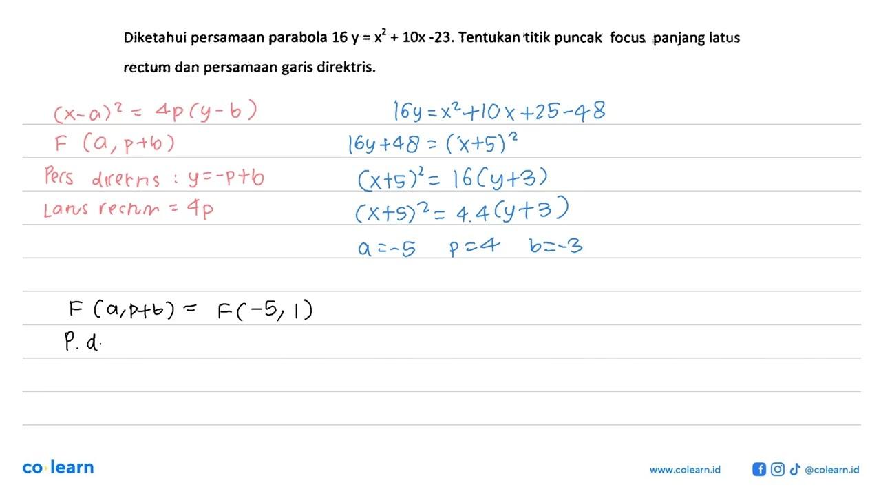 Diketahui persamaan parabola 16 y=x^2+10x-23. Tentukan