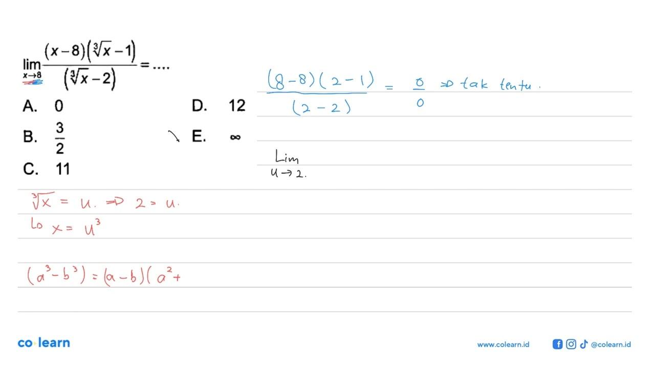 lim x -> 8 (x-8)(x^(1/3)-1)/(x^(1/3)-2)=...