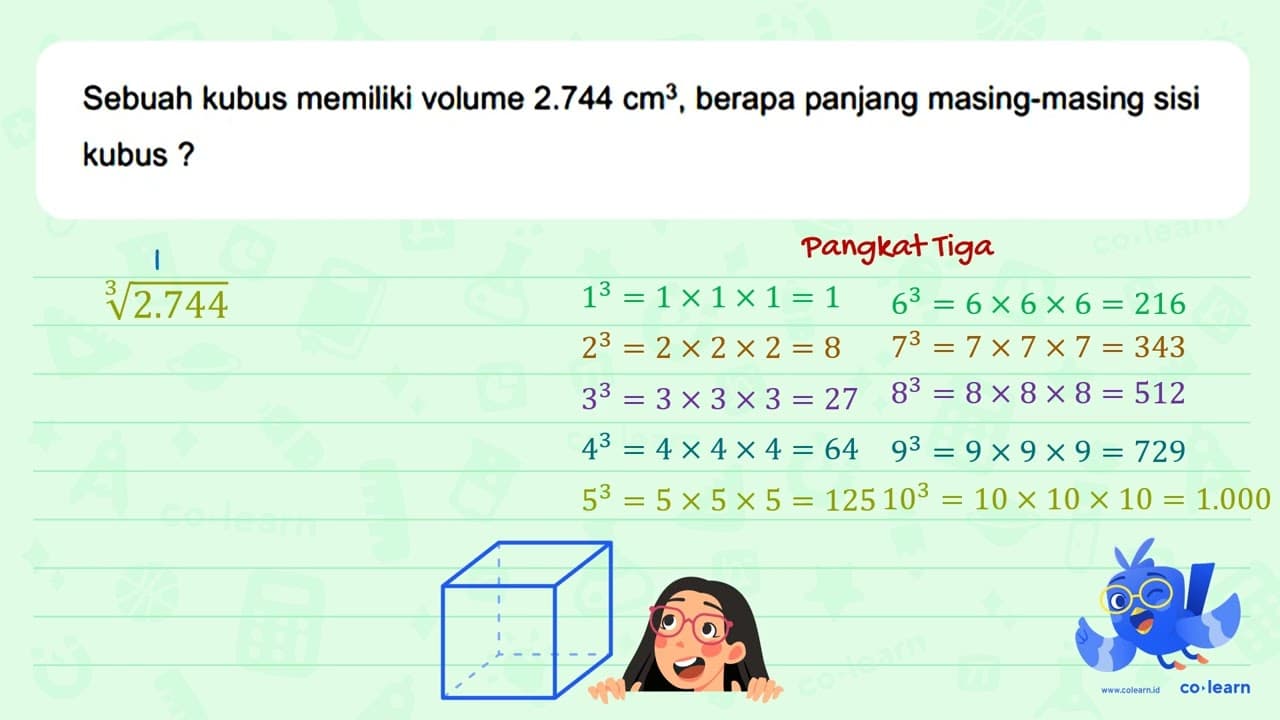 Sebuah kubus memiliki volume 2.744 cm^(3) , berapa panjang