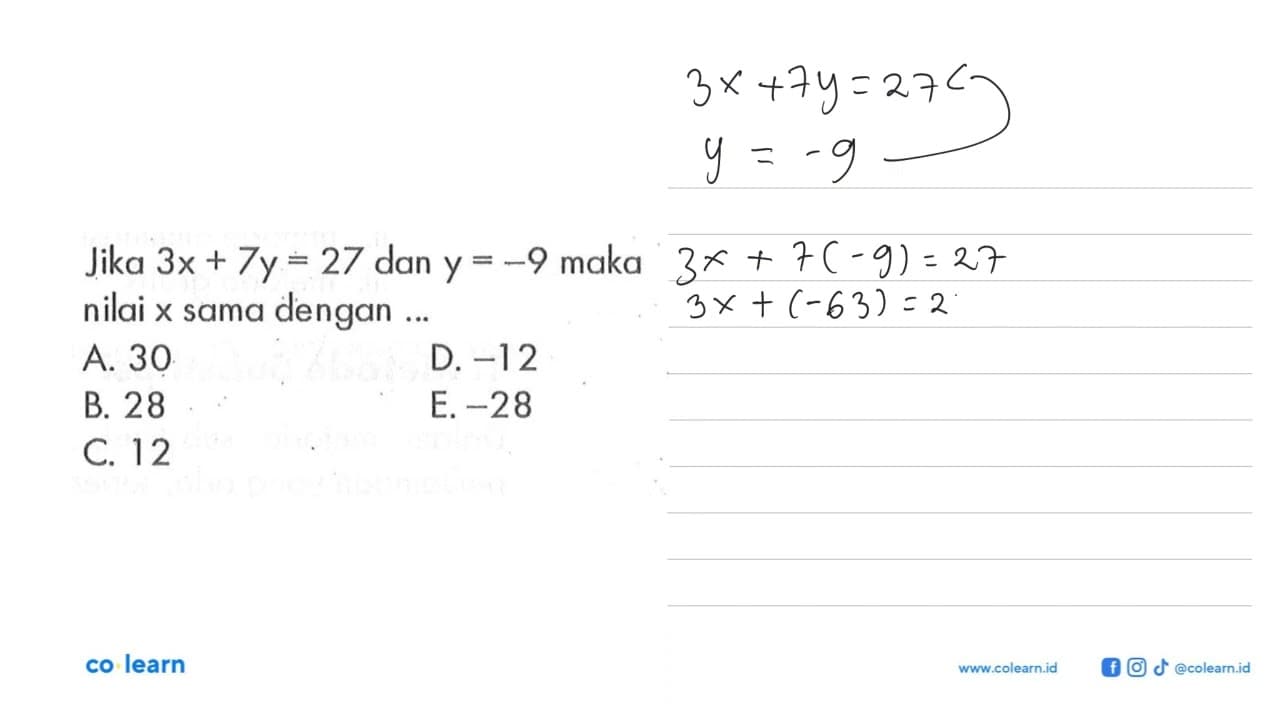 Jika 3x + 7y = 27 dan y = -9 maka nilai x sama dengan ...