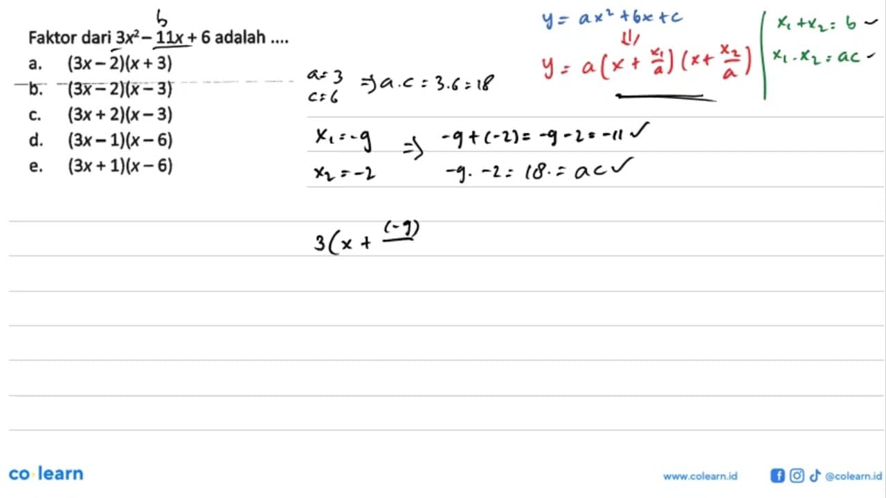 Faktor dari 3x^2-11x+6 adalah ....