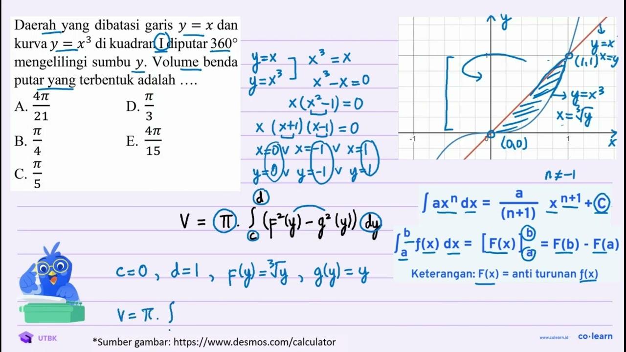 Daerah yang dibatasi garis y=x dan kurva y=x^(3) di kuadran