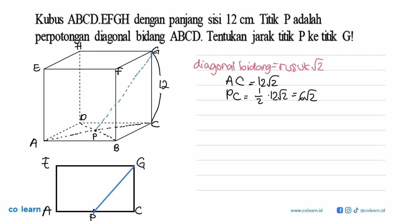 Kubus ABCD.EFGH dengan panjang sisi 12 cm. Titik P adalah