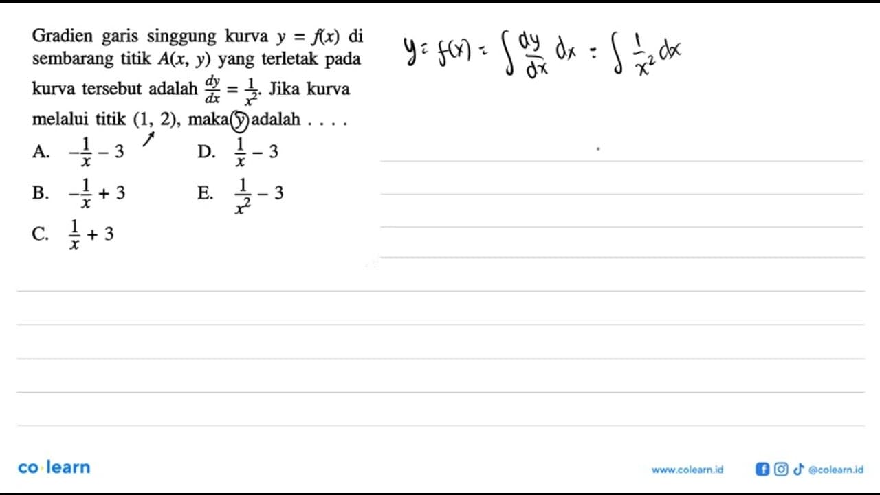 Gradien garis singgung kurva y=f(x) di sembarang titik A(x,