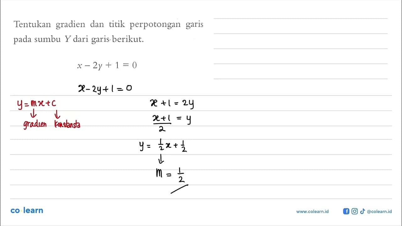 Tentukan gradien dan titik perpotongan garis sumbu Y dari