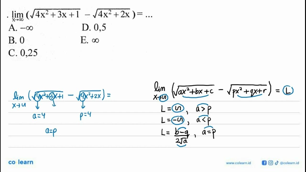 lim x menuju tak hingga(akar (4x^2+3x+1)-akar(4x^2+2x))=...