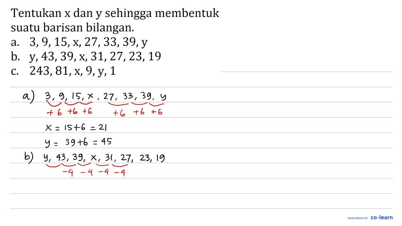 Tentukan x dan y sehingga membentuk suatu barisan bilangan.