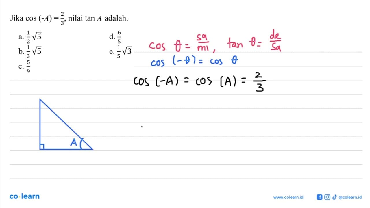 Jika cos (-A)=2/3, nilai tan A adalah.