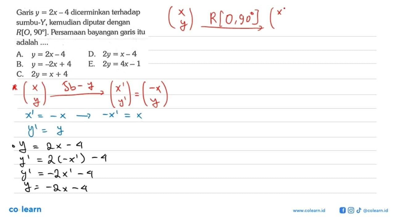 Garis y=2x-4 dicerminkan terhadap sumbu-Y, kemudian diputar