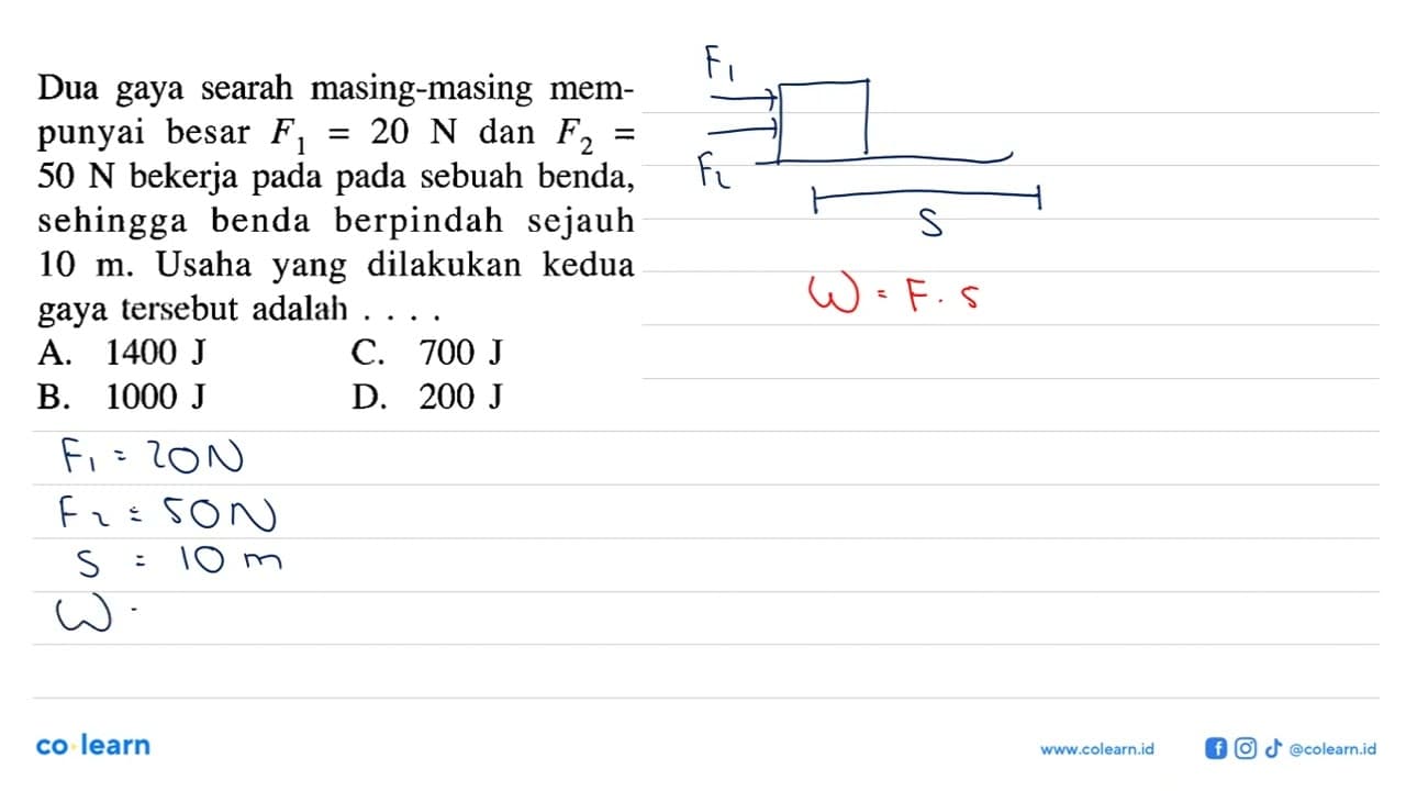 Dua gaya searah masing-masing mempunyai besar F1=20 N dan