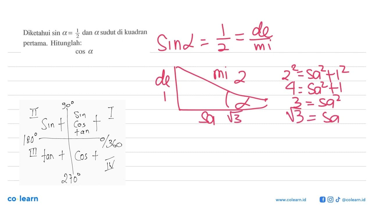 Diketahui sin a=1/2 dan a sudut di kuadran pertama.