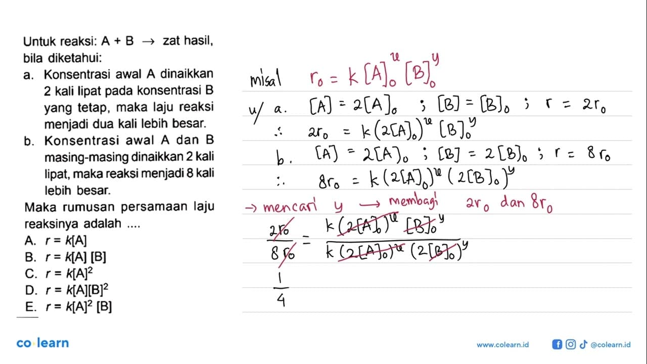 Untuk reaksi: A+B->zat hasil, bila diketahui:a. Konsentrasi
