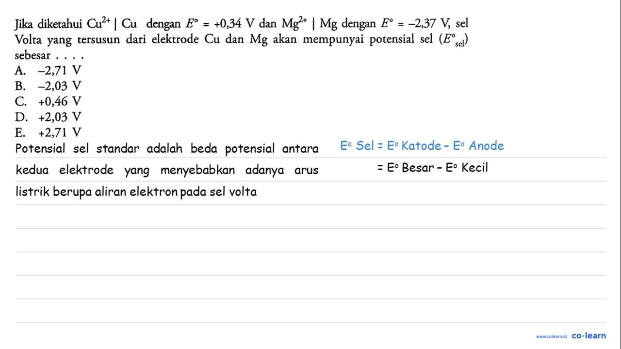 Jika diketahui Cu^(2+) | Cu dengan E = +0,34 V dan