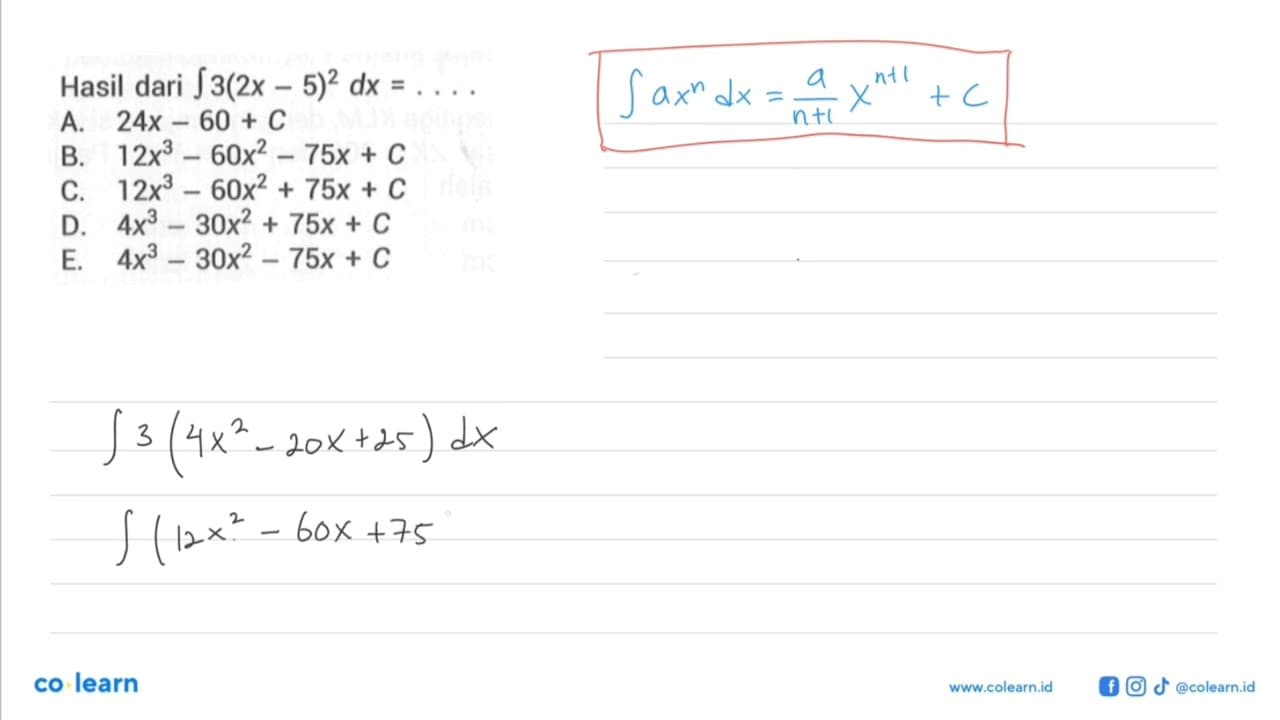 Hasil dari integral 3(2x-5)^2 dx=...