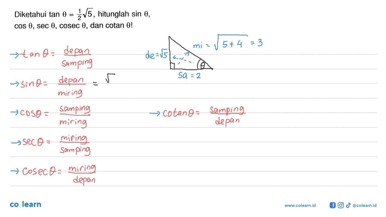 Diketahui tan theta=1/2 akar(5), hitunglah sin theta, cos