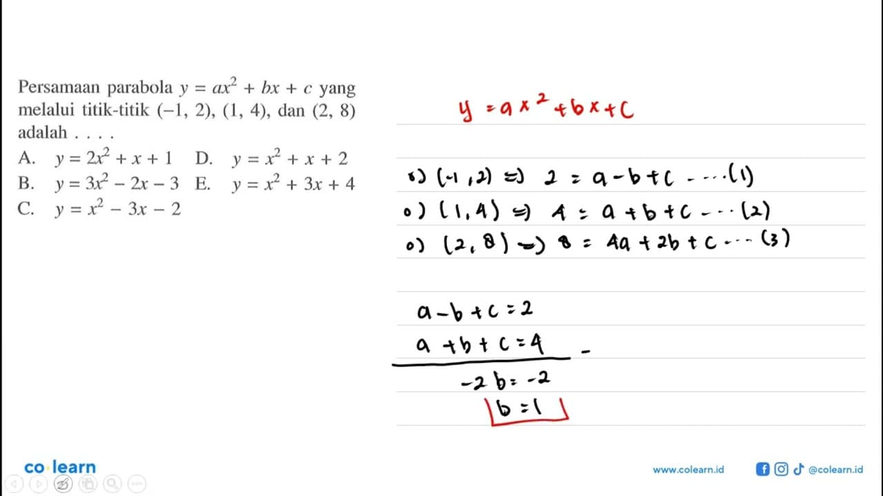 Persamaan parabola y=ax^2+bx+c yang melalui titik-titik