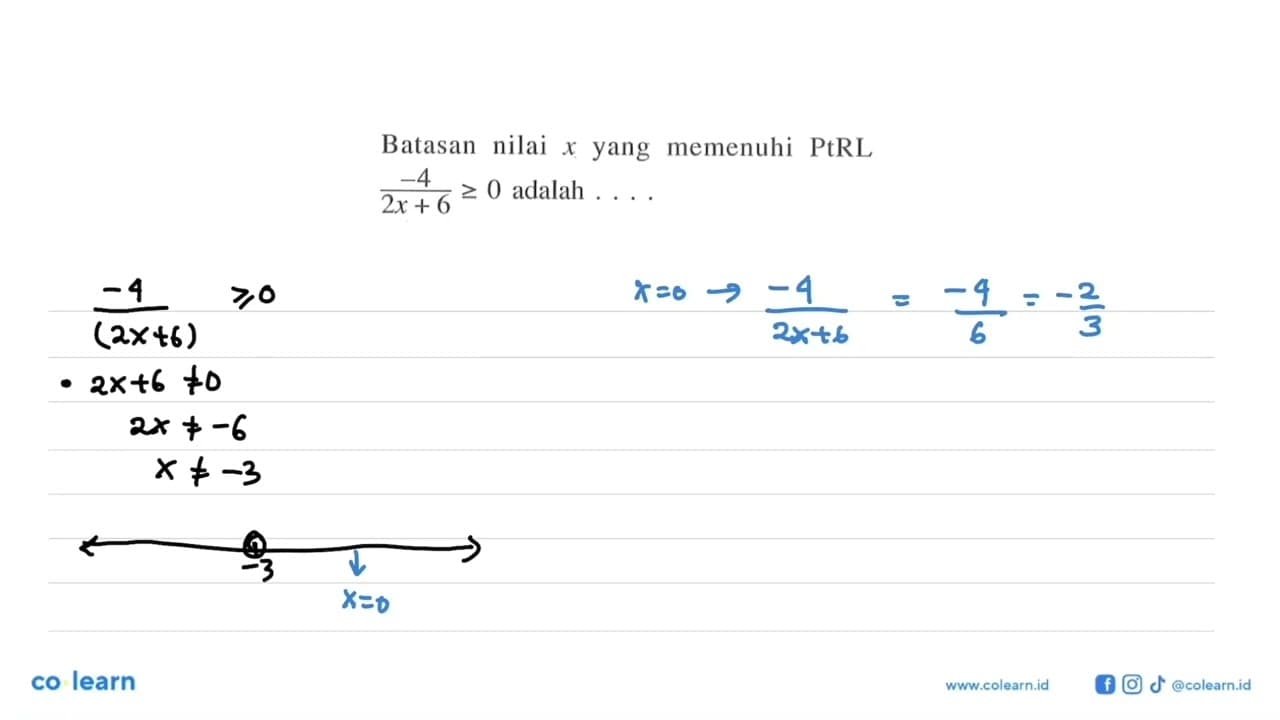 Batasan nilai x yang memenuhi PtRL -4/(2x+6)>=0 adalah . .