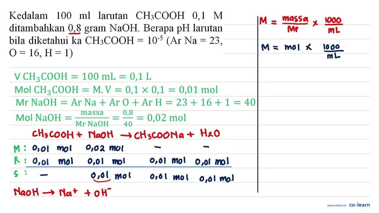 Kedalam 100 ml larutan CH_(3) COOH 0,1 M ditambahkan 0,8