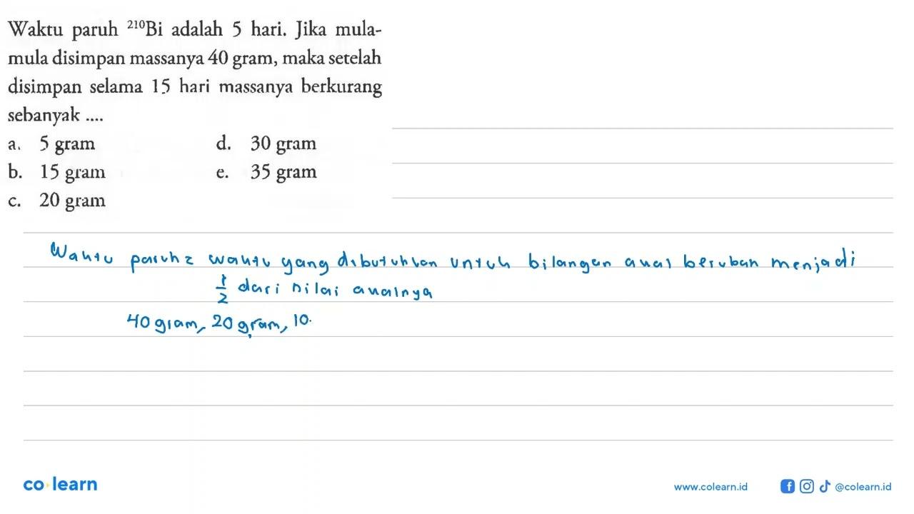 Waktu paruh 210Bi adalah 5 hari. Jika mulamula disimpan