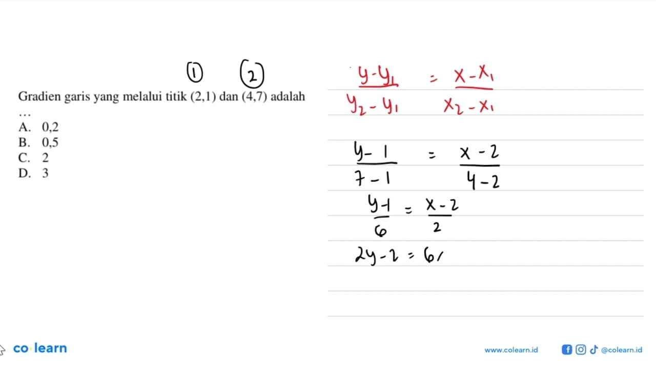 Gradien garis yang melalui titik (2,1) dan (4,7) adalah...