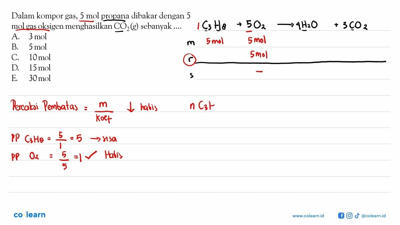 Dalam kompor gas, 5 mol propana dibakar dengan 5 mol gas
