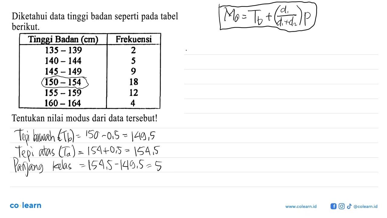 Diketahui data tinggi badan seperti pada tabel berikut.