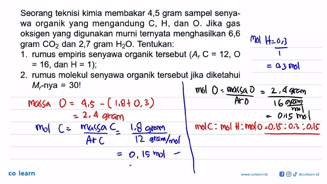 Seorang teknisi kimia membakar 4,5 gram sampel senyawa