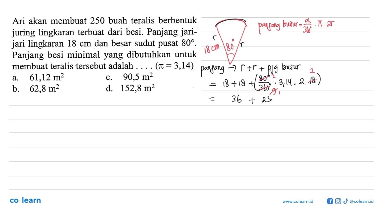 Ari akan membuat 250 buah teralis berbentuk juring