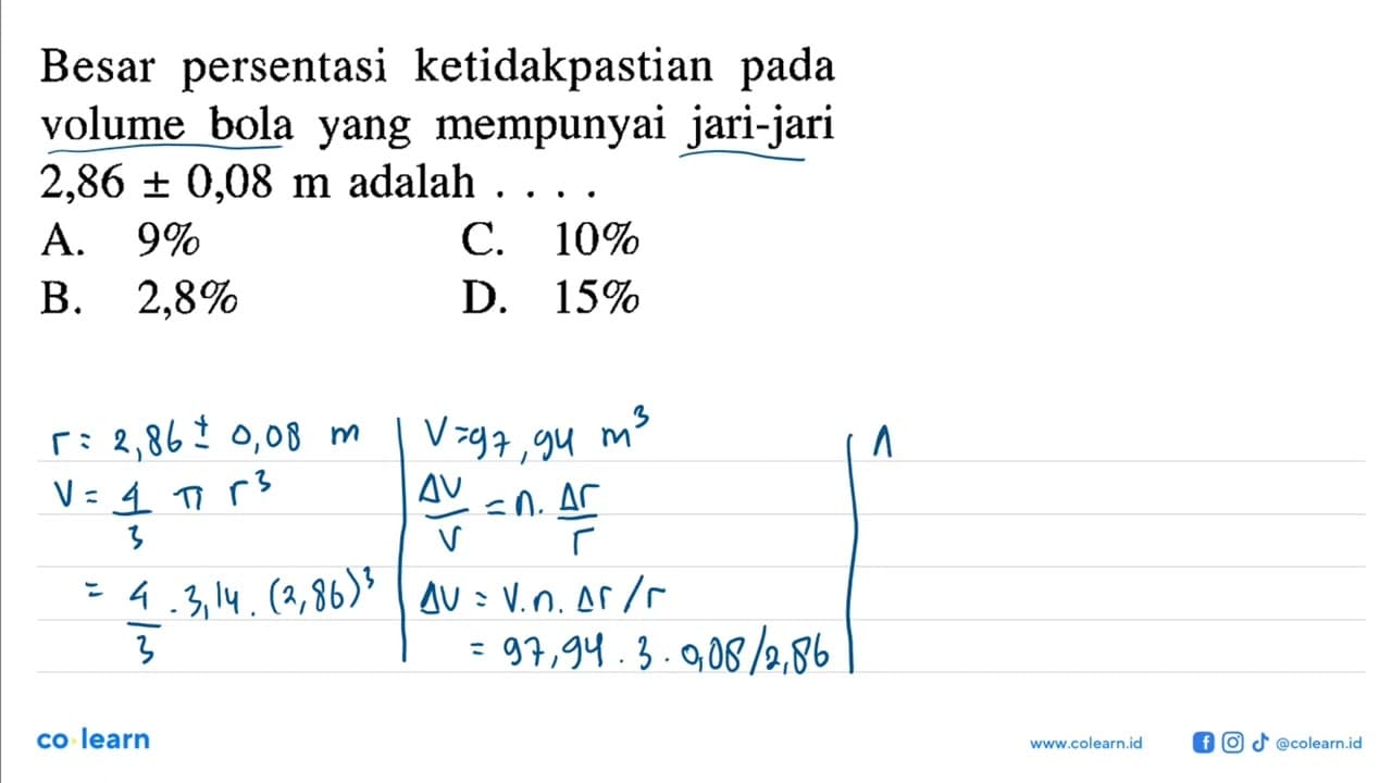 Besar persentasi ketidakpastian pada volume bola yang