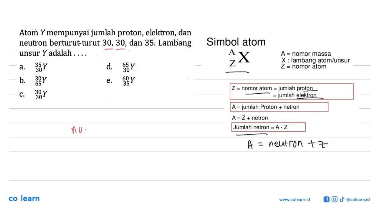 Atom Y mempunyai jumlah proton, elektron, dan neutron