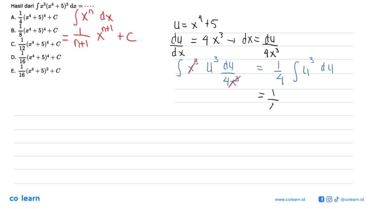 Hasil dari integral x^3(x^4+5)^3 dx=..