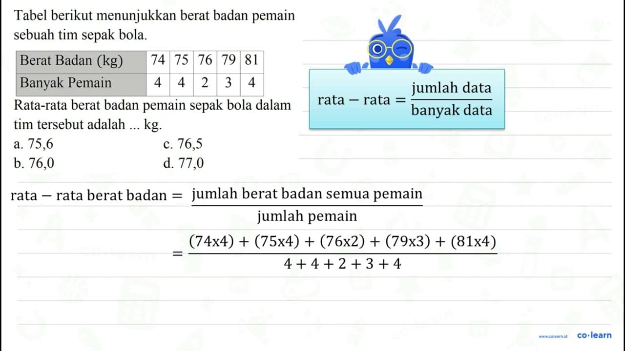 Tabel berikut menunjukkan berat badan pemain sebuah tim