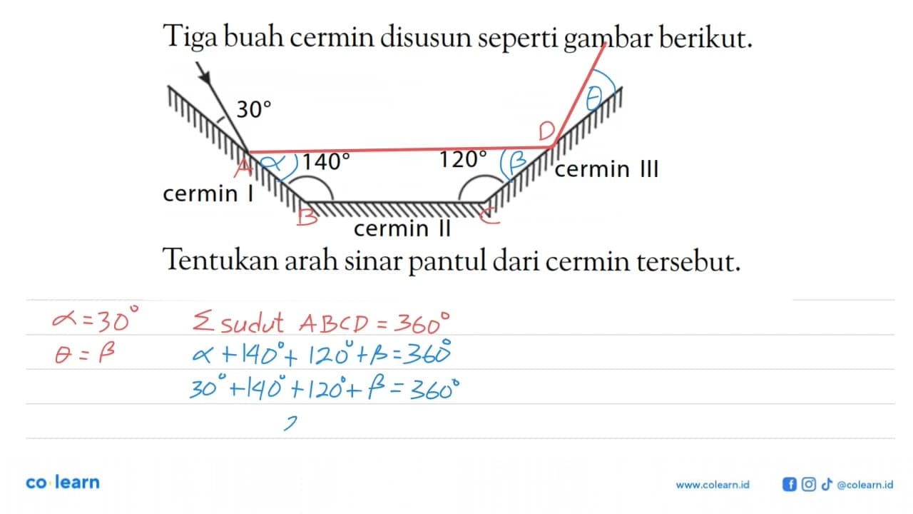 Tiga buah cermin disusun seperti gambar berikut. Tentukan