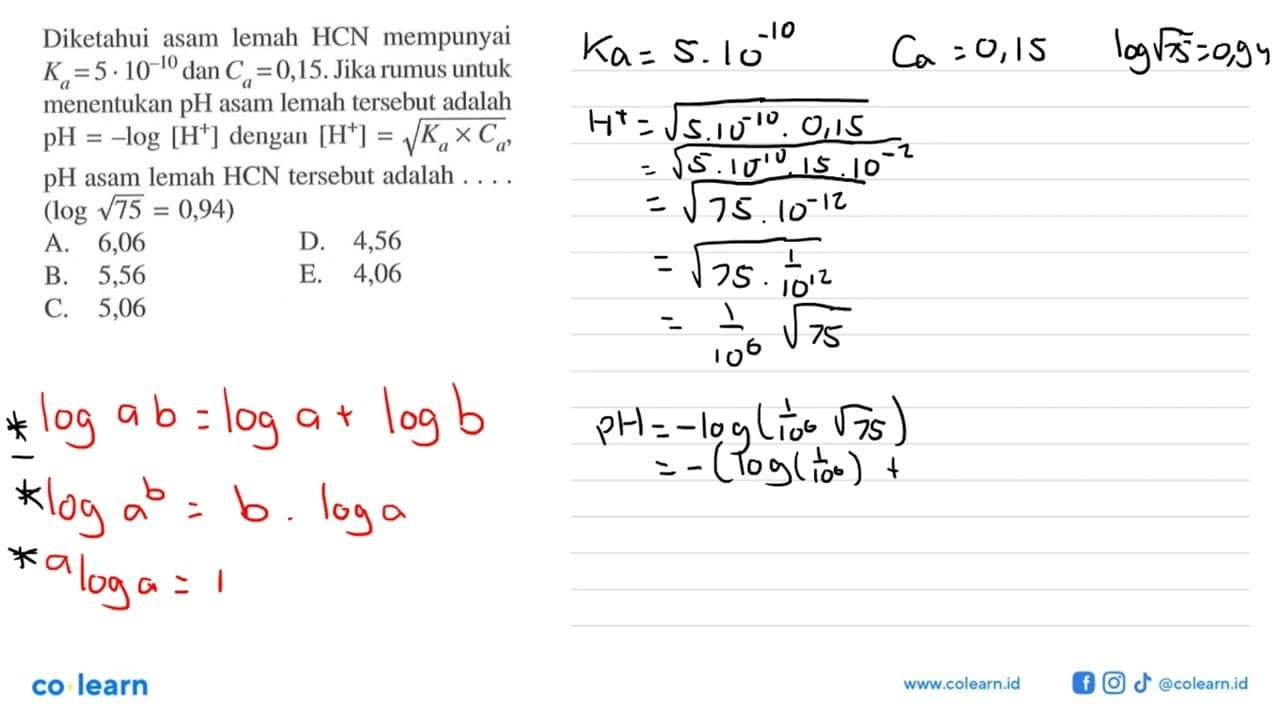 Diketahui lemah HCN mempunyai asam Ka=5.10^-10 dan Ca=0,15.