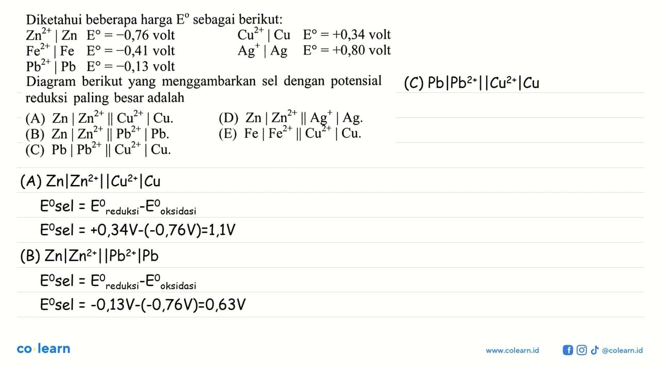 Diketahui beberapa harga E sebagai berikut: Zn^(2+) | Zn E