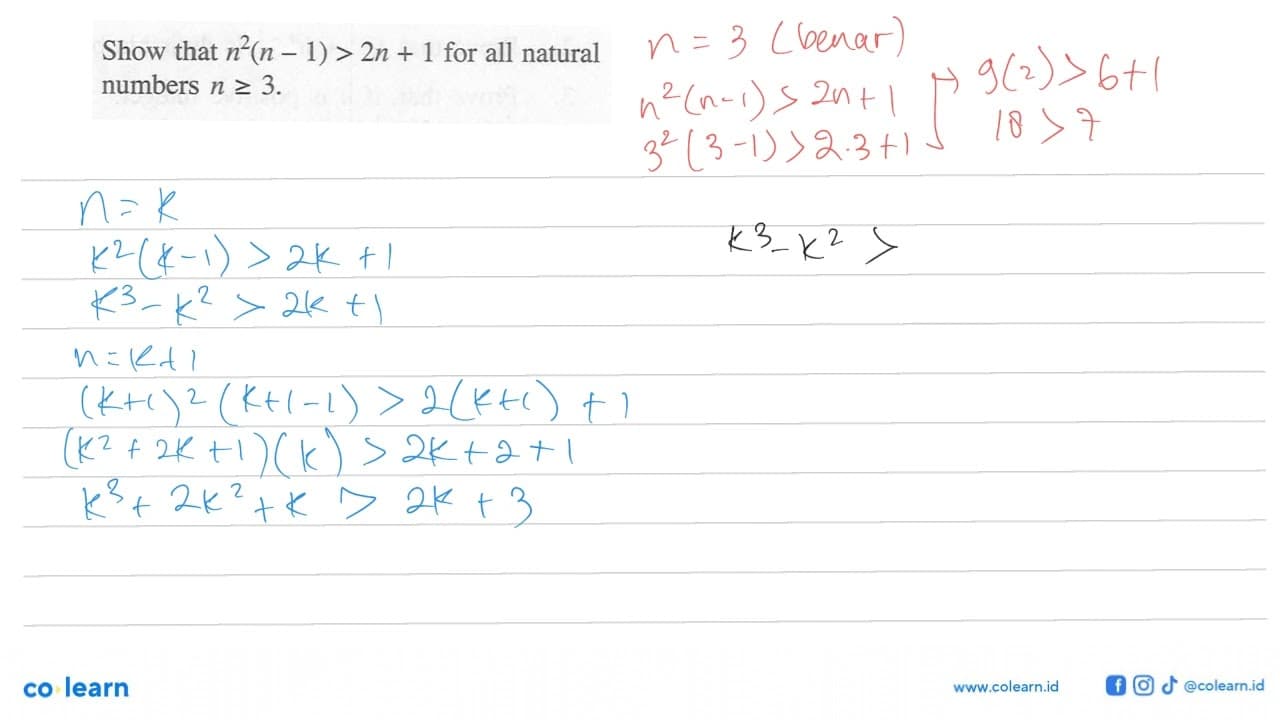 Show that n^2(n-1) > 2n+1 for all natural numbers n>=3.