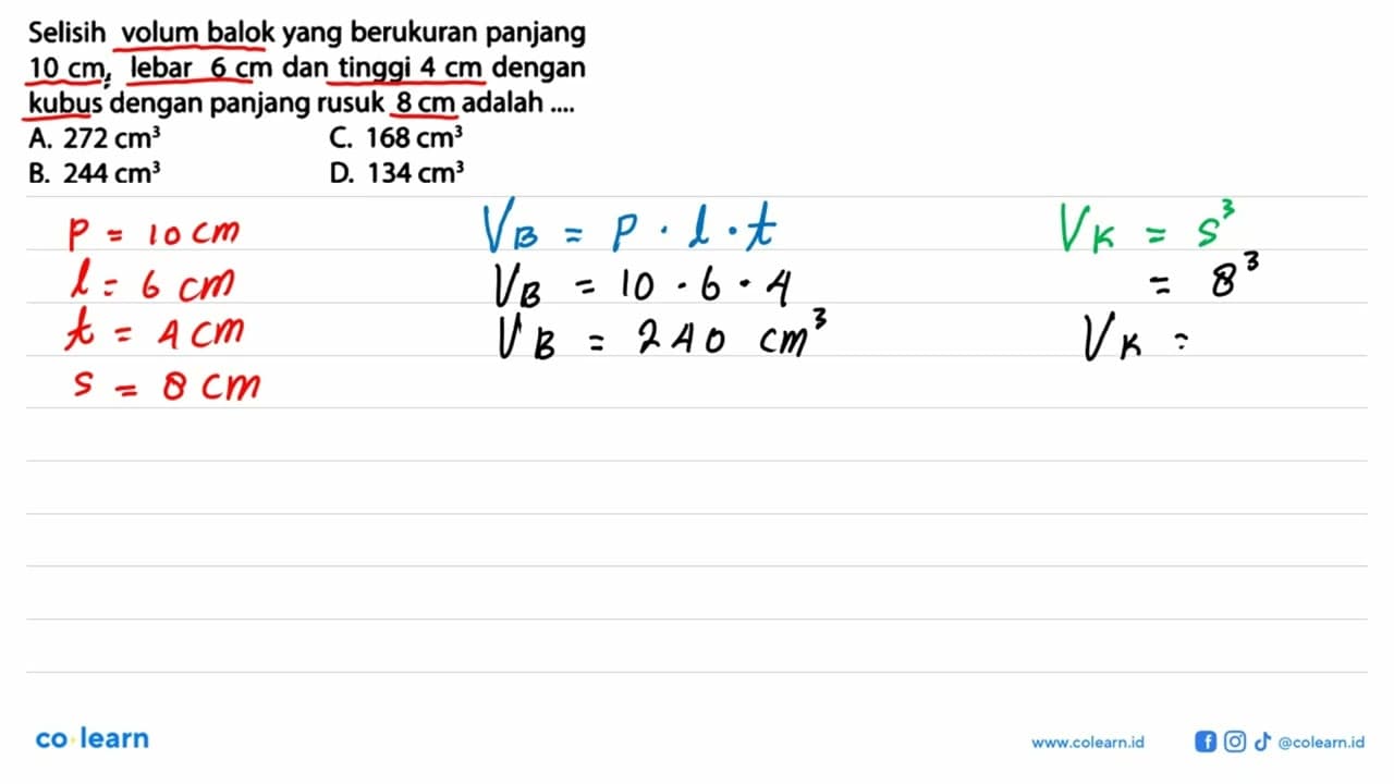 Selisih volum balok yang berukuran panjang 10 cm, lebar 6