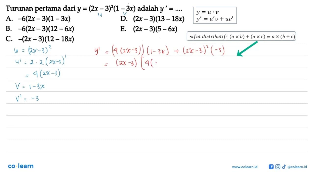 Turunan pertama dari y=(2x-3)^2(1-3x) adalah y'= ....