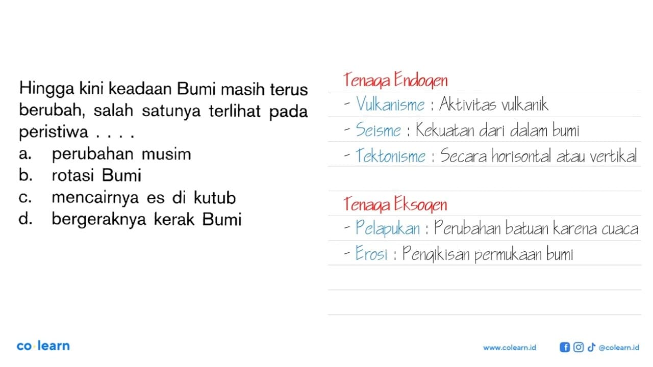 Hingga kini keadaan Bumi masih terus berubah, salah satunya