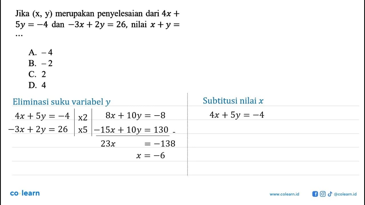 Jika (x, y) merupakan penyelesaian dari 4 x+ 5 y=-4 dan -3