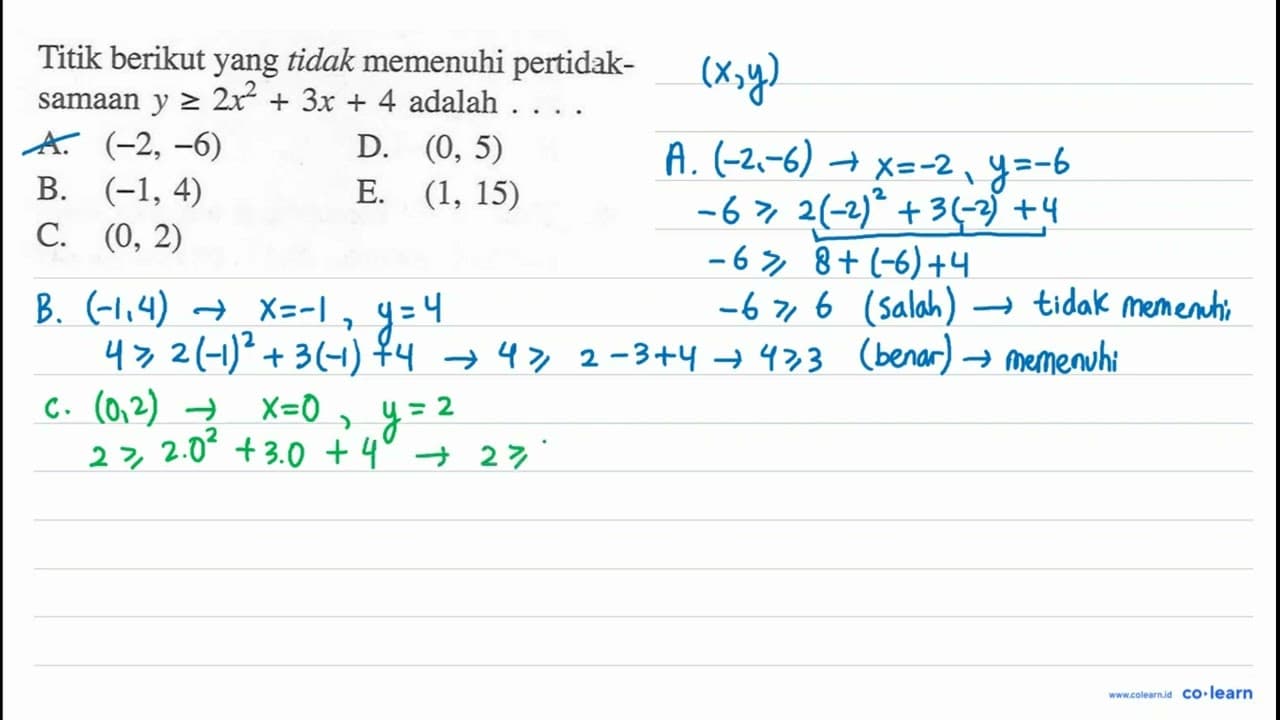 Titik berikut yang tidak memenuhi pertidaksamaan